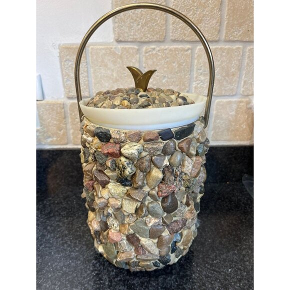 Vtg Ice Bucket Handmade Hand Placed Rocks Stones Pebbles Ice Bucket With Gold - Picture 3 of 10